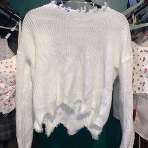SHEIN White Crew Neck Distressed Sweater